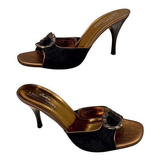 Donald Pliner Shoe Slide Black Suede Bronze Metal Buckle Rhinestones $295 NWT - Picture 1 of 6